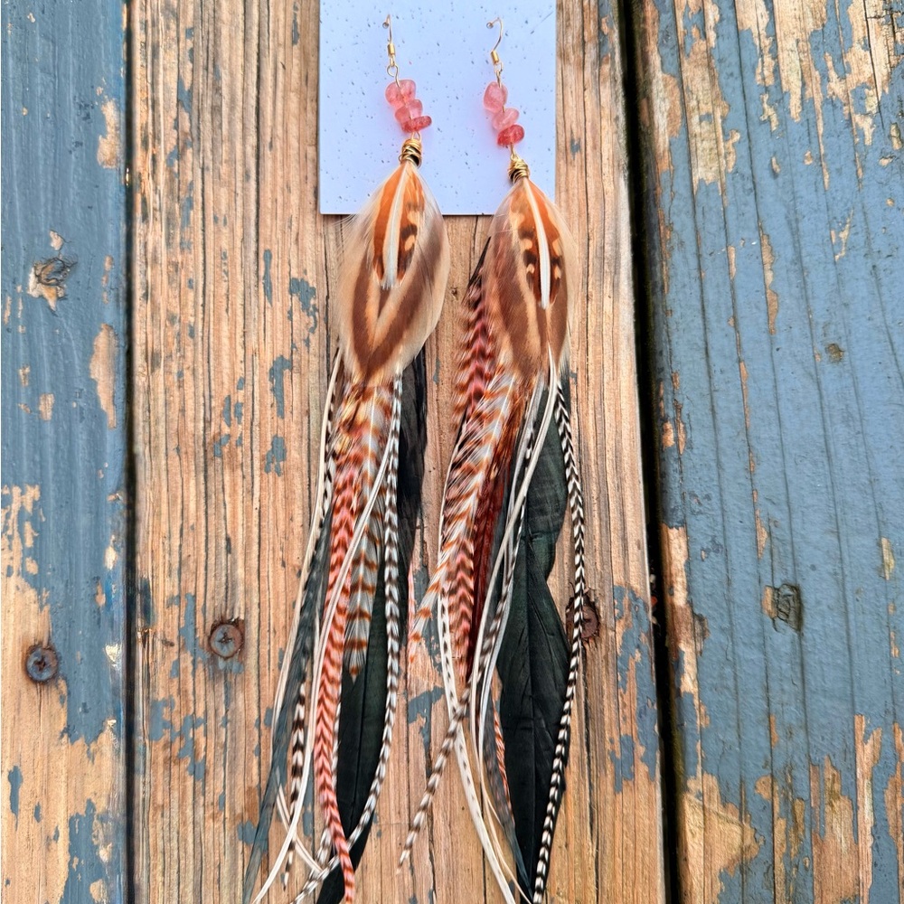 Bohemian Feather Earrings with Pink Beads